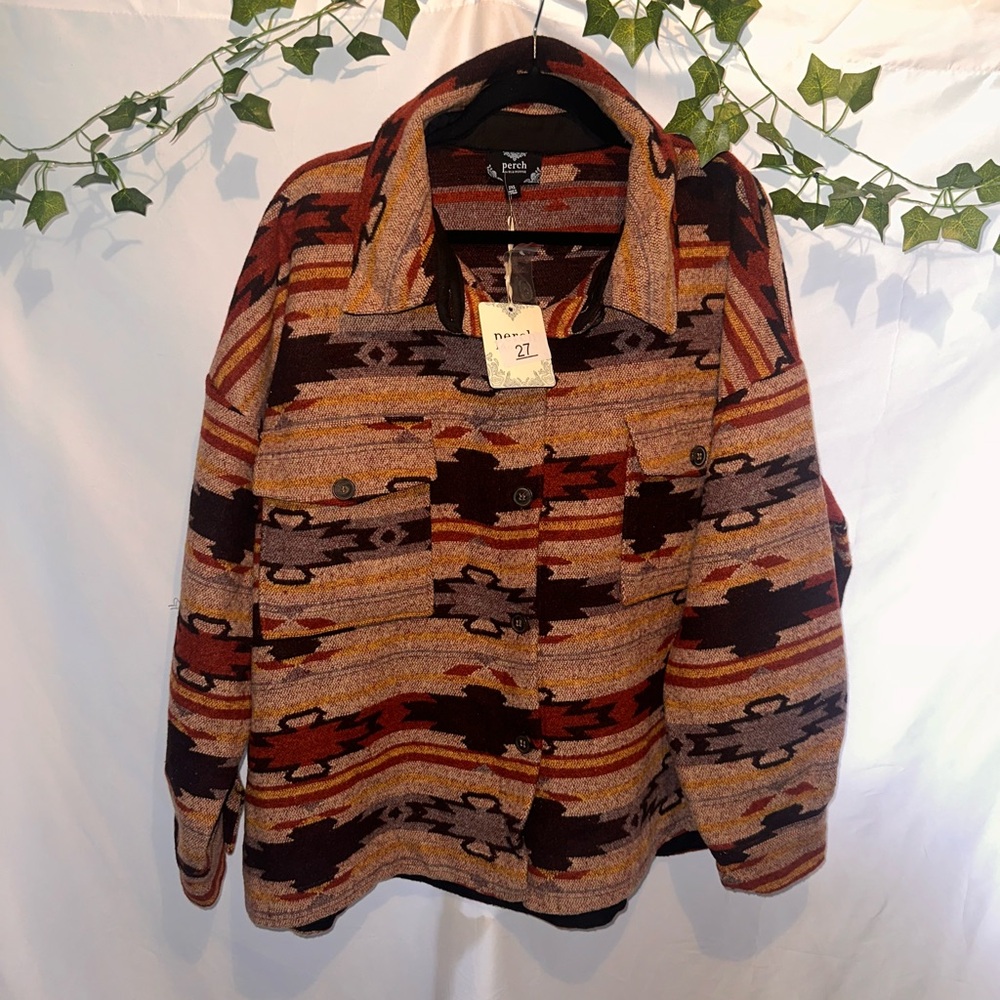 Blu Pepper Southwestern Button-Up Shacket in Rust, Brown and Yellow